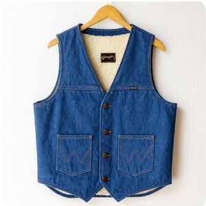 Wrangler Vintage Shearling Lined Denim Vest 1970's Size Large